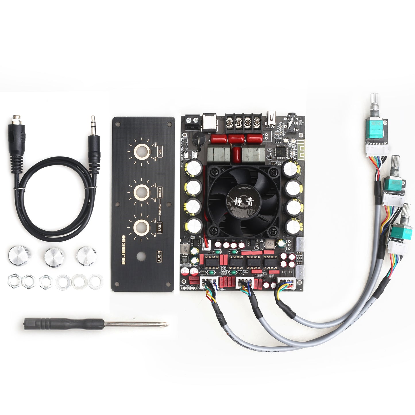 DAJUNGUO T220HS-W Power Amplifier Board 2.0 Channel 220W×2 with Treble and Bass, 12V-36V Audio Power Amplifier Module with Front Panel
