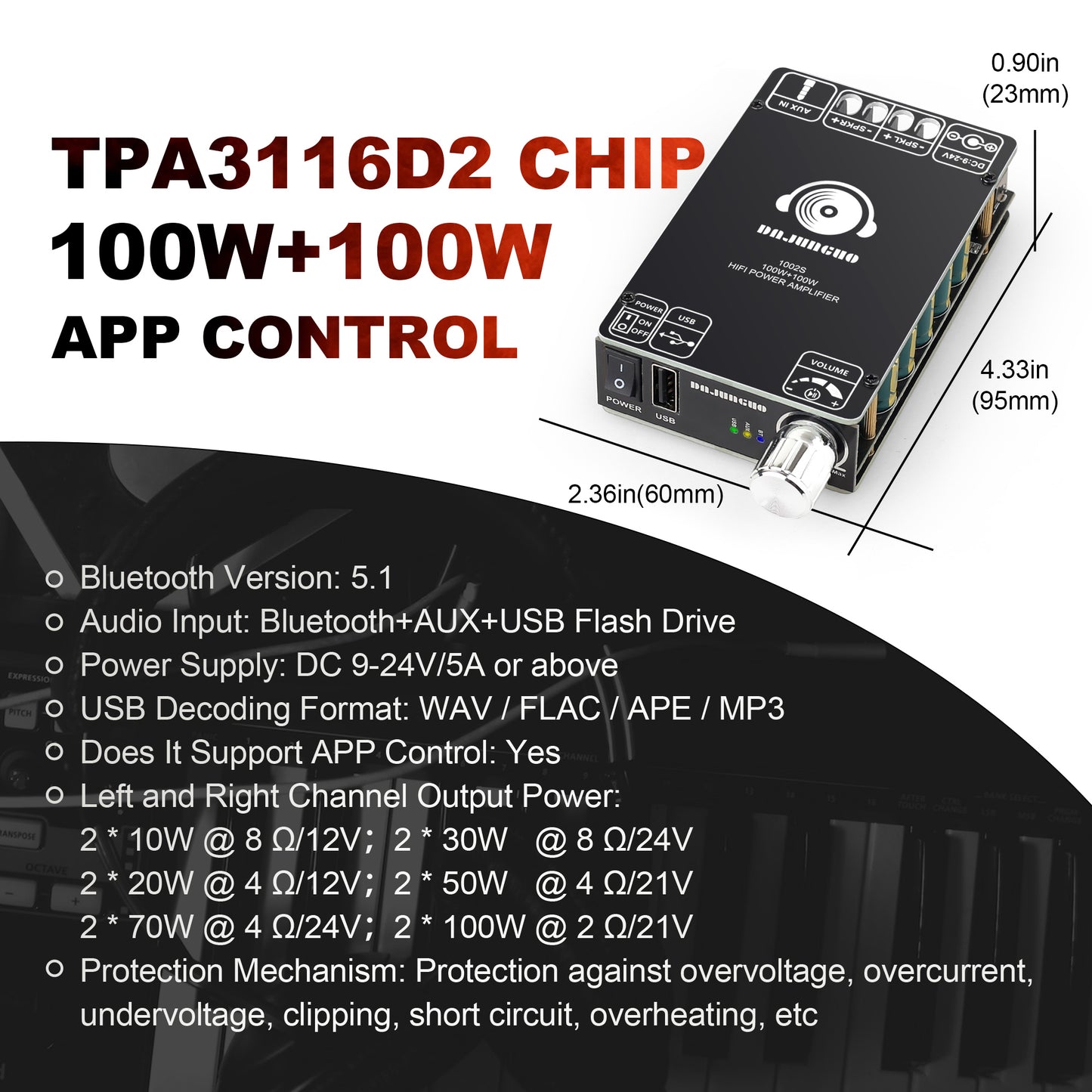 DAJUNGUO 1002S 2.0 Bluetooth Amplifier Board with Dual TPA3116D2 Chips, 100W+100W Power Output  DC :12-24V