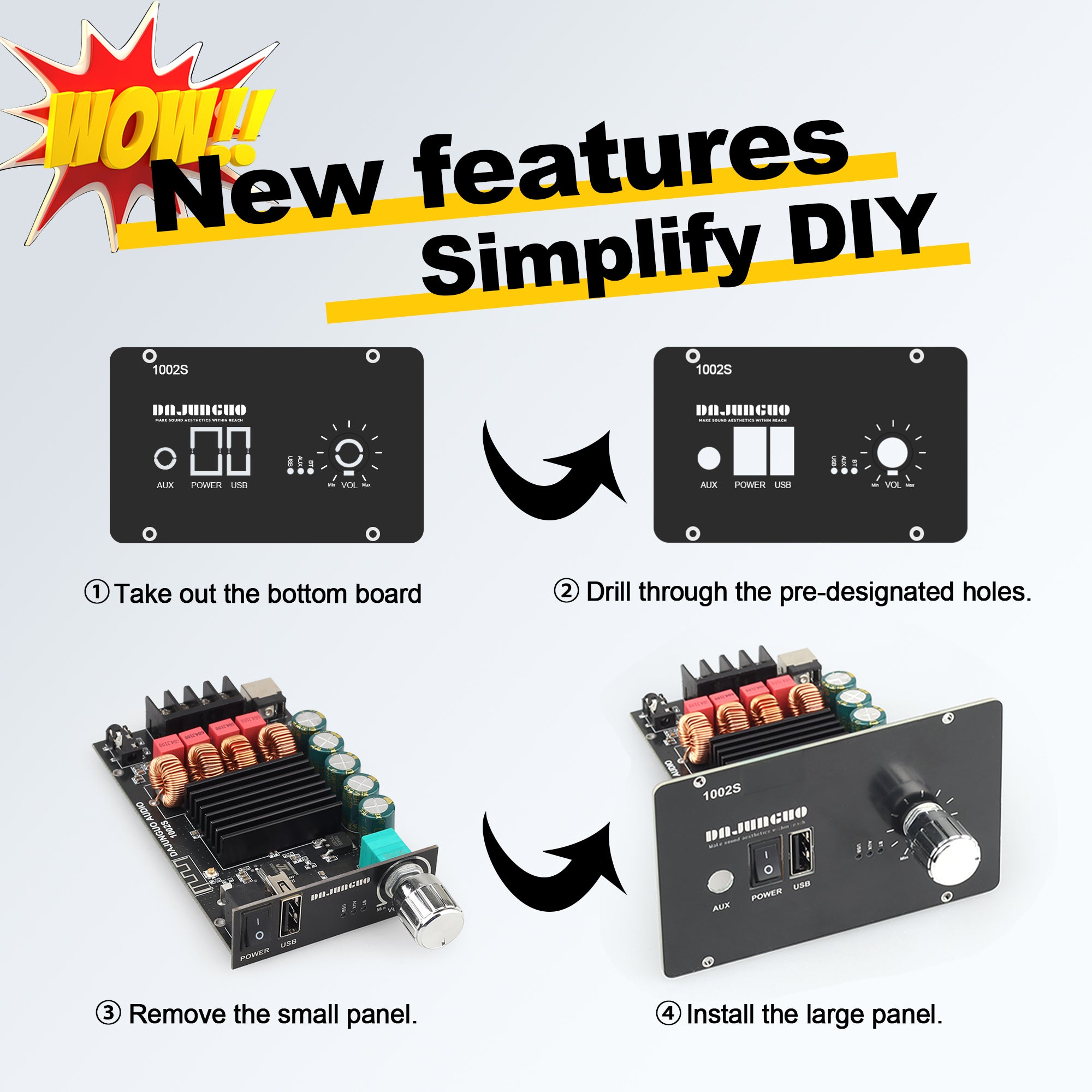 DAJUNGUO 1002S 2.0 Bluetooth Amplifier Board with Dual TPA3116D2 Chips, 100W+100W Power Output  DC :12-24V