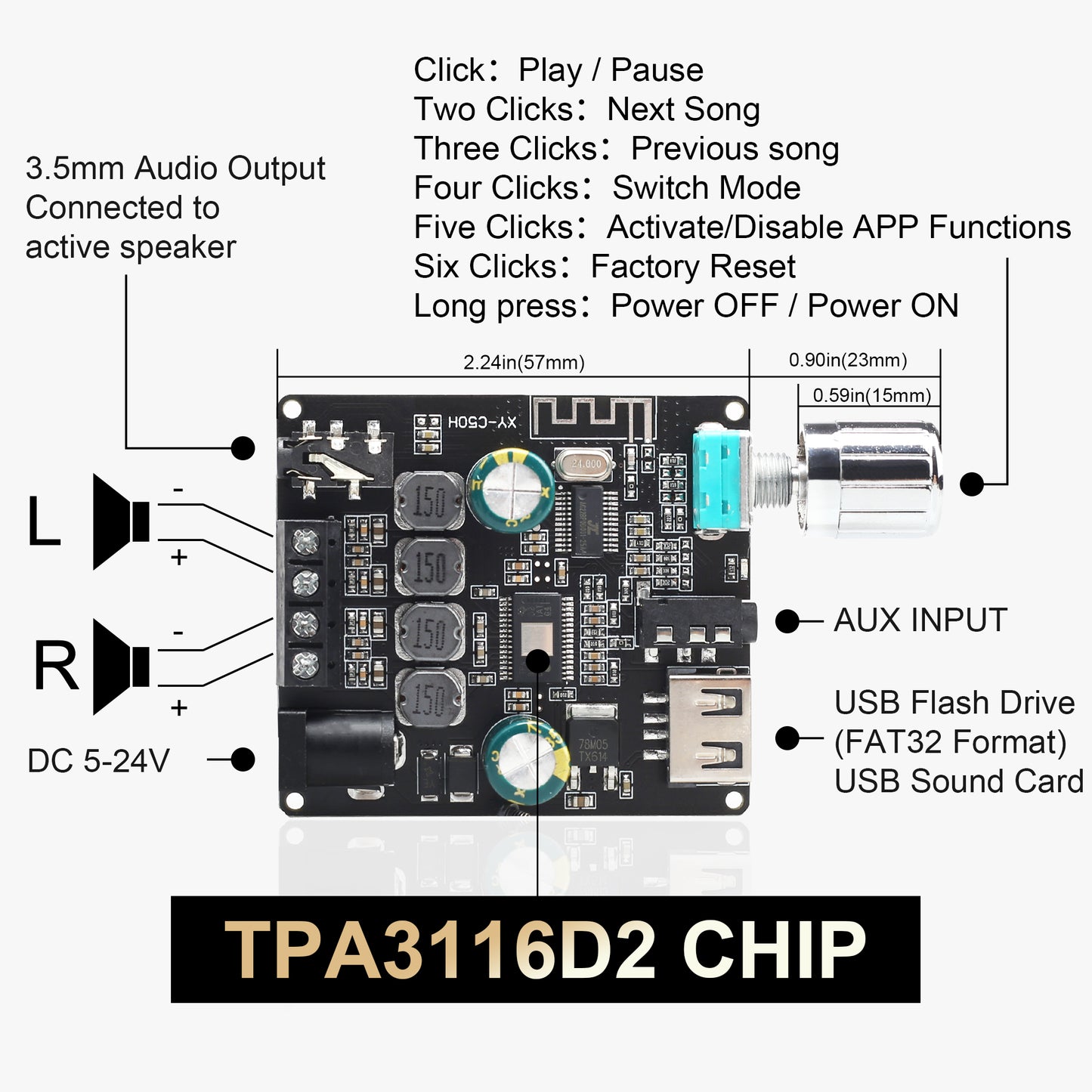 DAJUNGUO C50HS Bluetooth Amplifier Board TPA3116D2 HiFi Chip 12-24V DC Input,Support USB Sound Card/USB Flash Driver, AUX, Bluetooth Multiple Input Modes