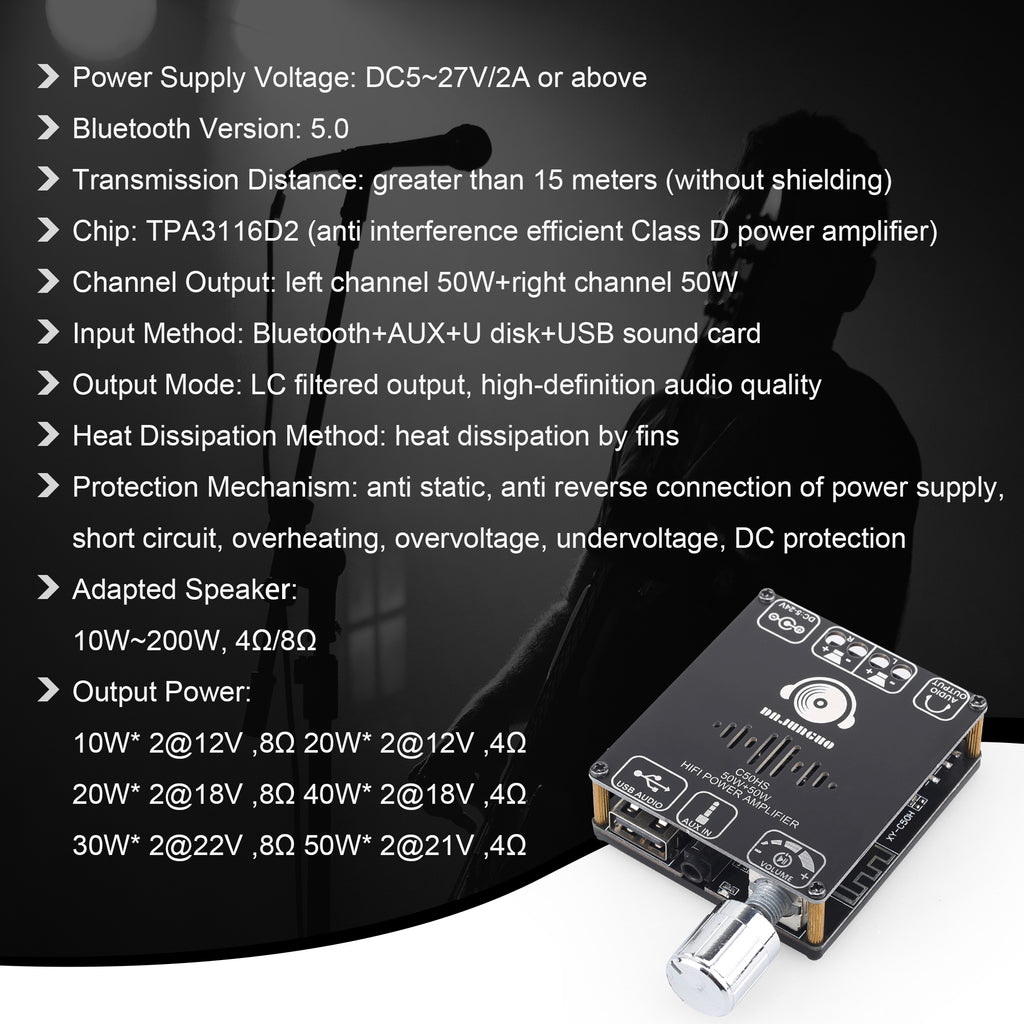DAJUNGUO C50HS Bluetooth Amplifier Board TPA3116D2 HiFi Chip 12-24V DC Input,Support USB Sound Card/USB Flash Driver, AUX, Bluetooth Multiple Input Modes
