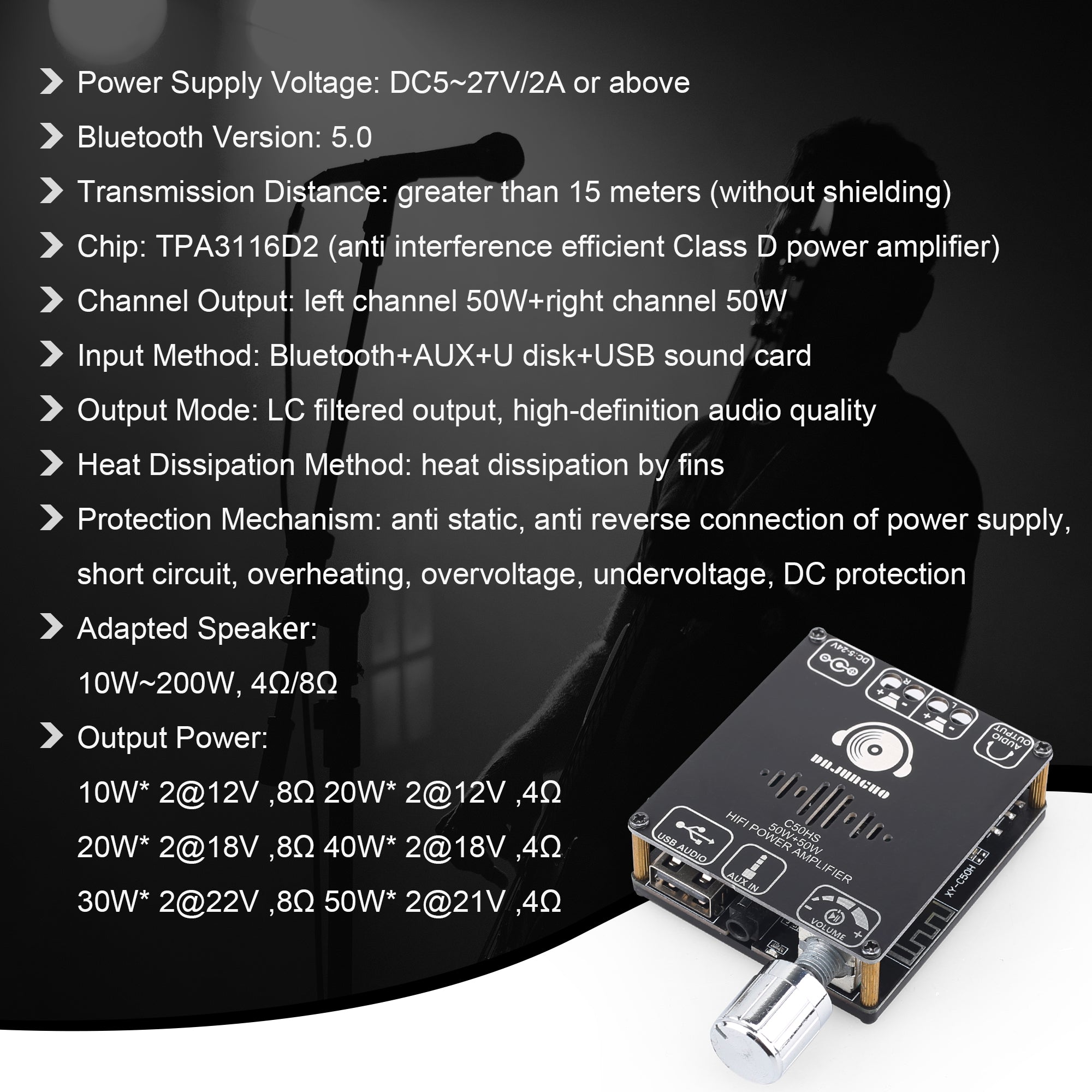 DAJUNGUO C50HS Bluetooth Amplifier Board TPA3116D2 HiFi Chip 12-24V DC Input,Support USB Sound Card/USB Flash Driver, AUX, Bluetooth Multiple Input Modes