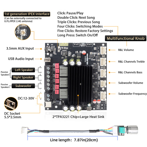 DAJUNGUO S200HS-W Power Amplifier Board Bluetooth5.2 TPA3221 Chip with Subwoofer 2.1 Channel 100W×2+200W,Audio Power Amplifier Module