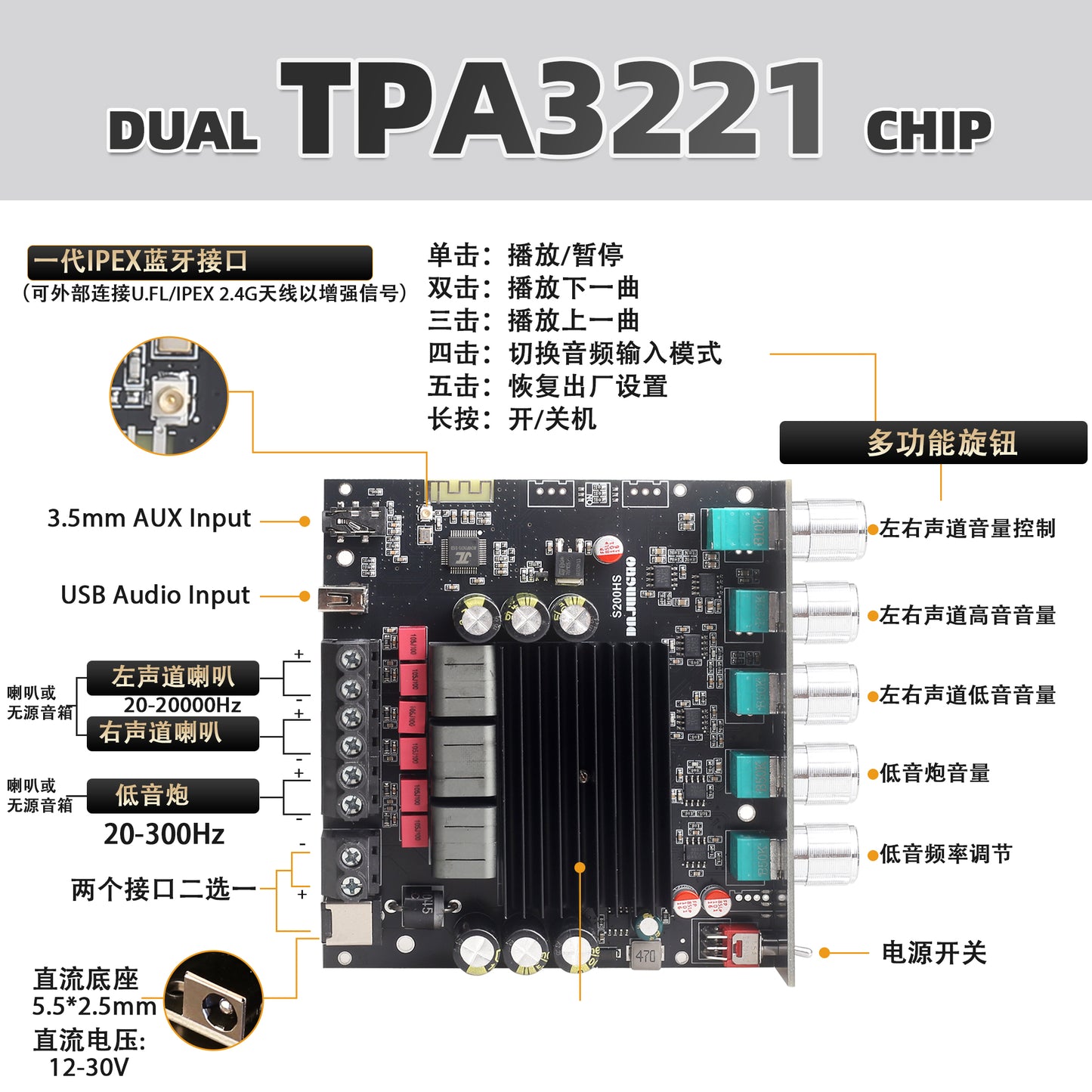 S200HS Power Amplifier Board Bluetooth5.2 TPA3221 Chip with Subwoofer 2.1 Channel 100W×2+200W,Audio Power Amplifier Module