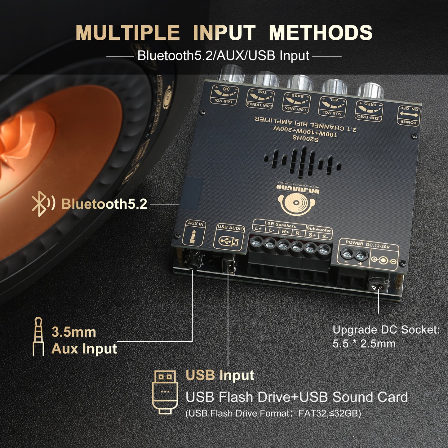 S200HS Power Amplifier Board Bluetooth5.2 TPA3221 Chip with Subwoofer 2.1 Channel 100W×2+200W,Audio Power Amplifier Module