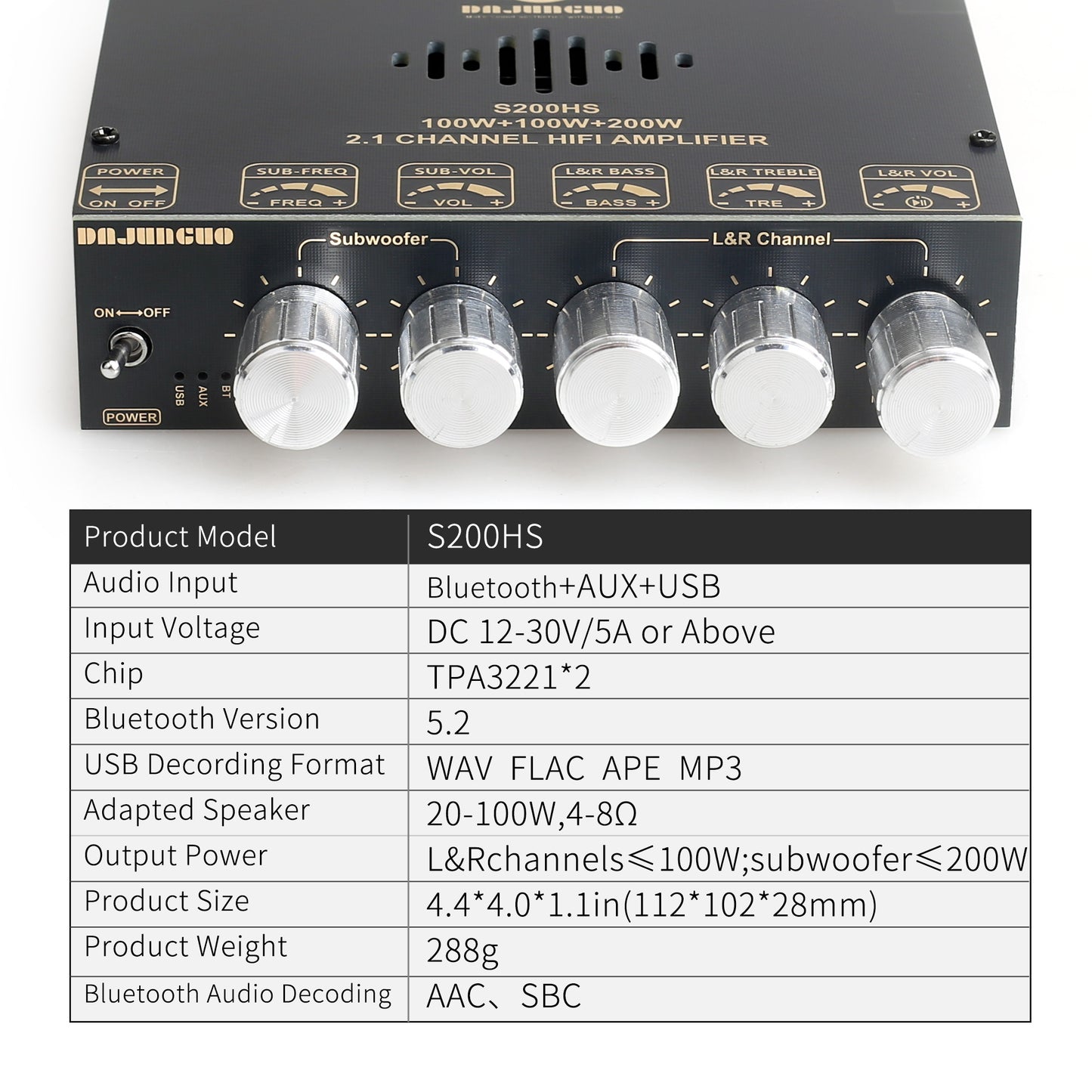 S200HS Power Amplifier Board Bluetooth5.2 TPA3221 Chip with Subwoofer 2.1 Channel 100W×2+200W,Audio Power Amplifier Module