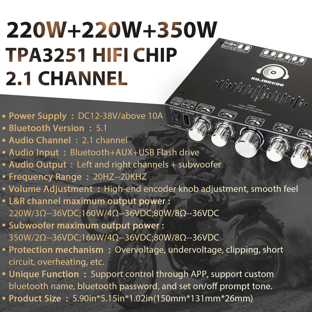 S350HS TPA3251 Bluetooth Power Amplifier Board with Subwoofer 2.1 Channel 220W×2+350W, 12V-38V Audio Power Amplifier Module with Treble and Bass Control,Black(No power adapter included)