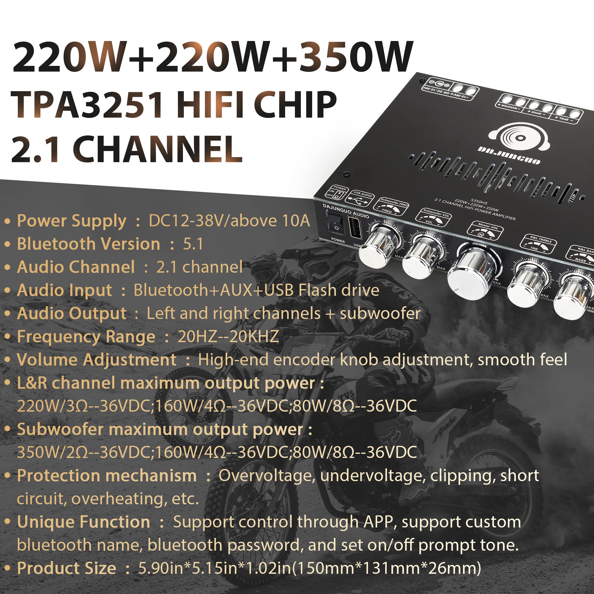 S350HS TPA3251 Bluetooth Power Amplifier Board with Subwoofer 2.1 Channel 220W×2+350W, 12V-38V Audio Power Amplifier Module with Treble and Bass Control,Black(No power adapter included)