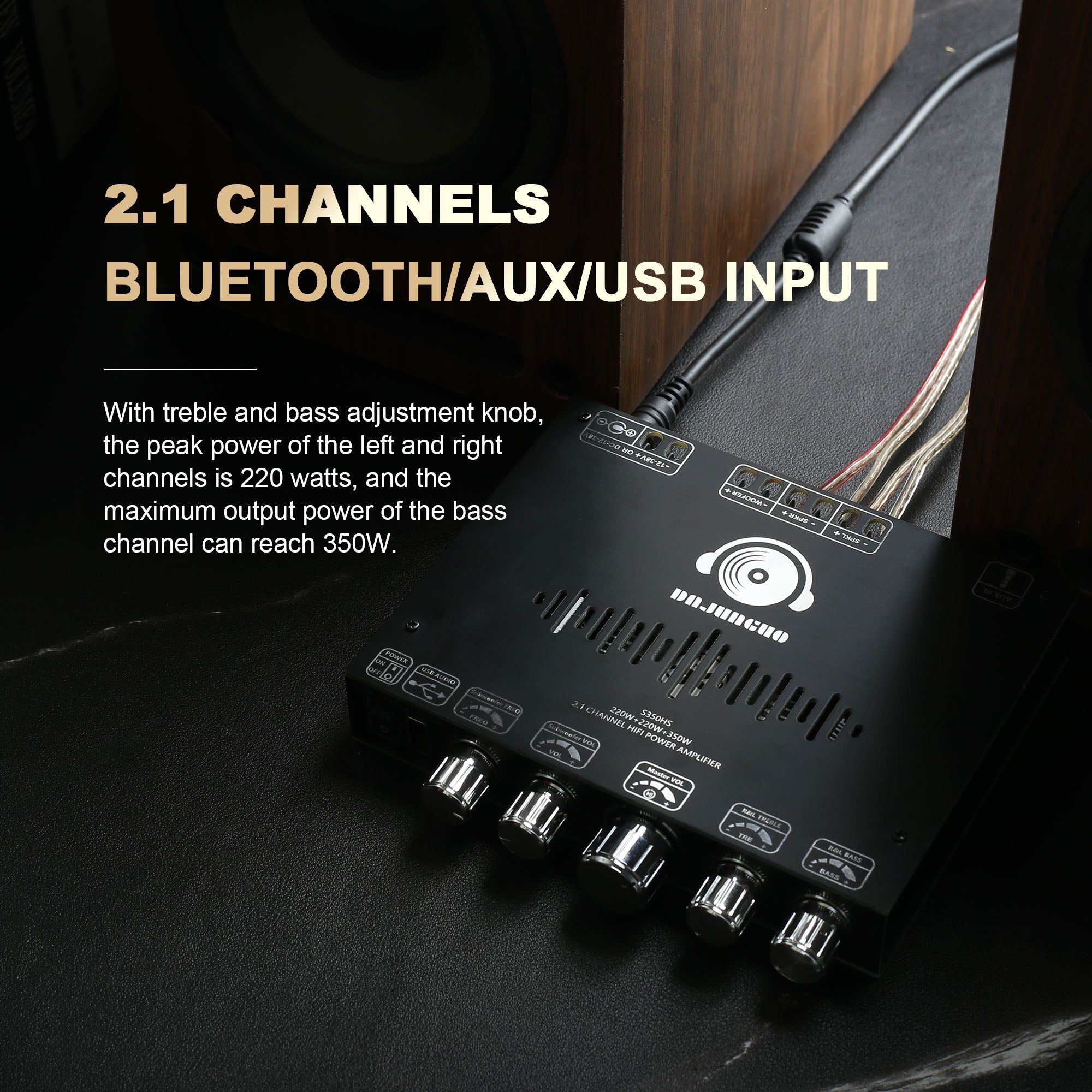 S350HS TPA3251 Bluetooth Power Amplifier Board with Subwoofer 2.1 Channel 220W×2+350W, 12V-38V Audio Power Amplifier Module with Treble and Bass Control,Black(No power adapter included)