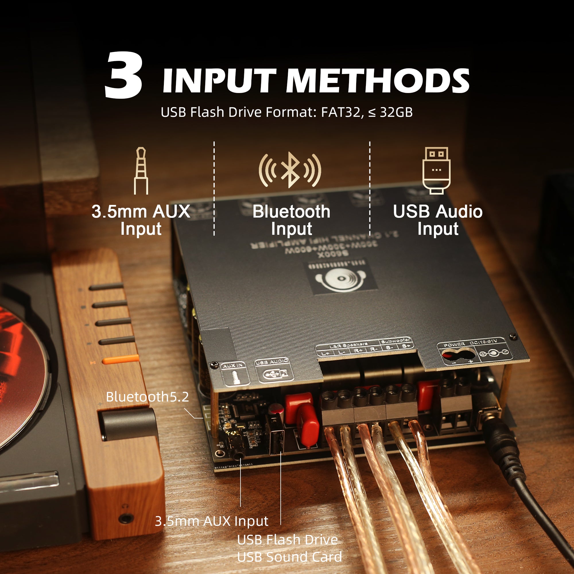 DAJUNGUO S600X 2.1 Channel Amplifier Board 300W+300W+600W Power Output,TPA3255 Chip,Bluetooth 5.2,Black