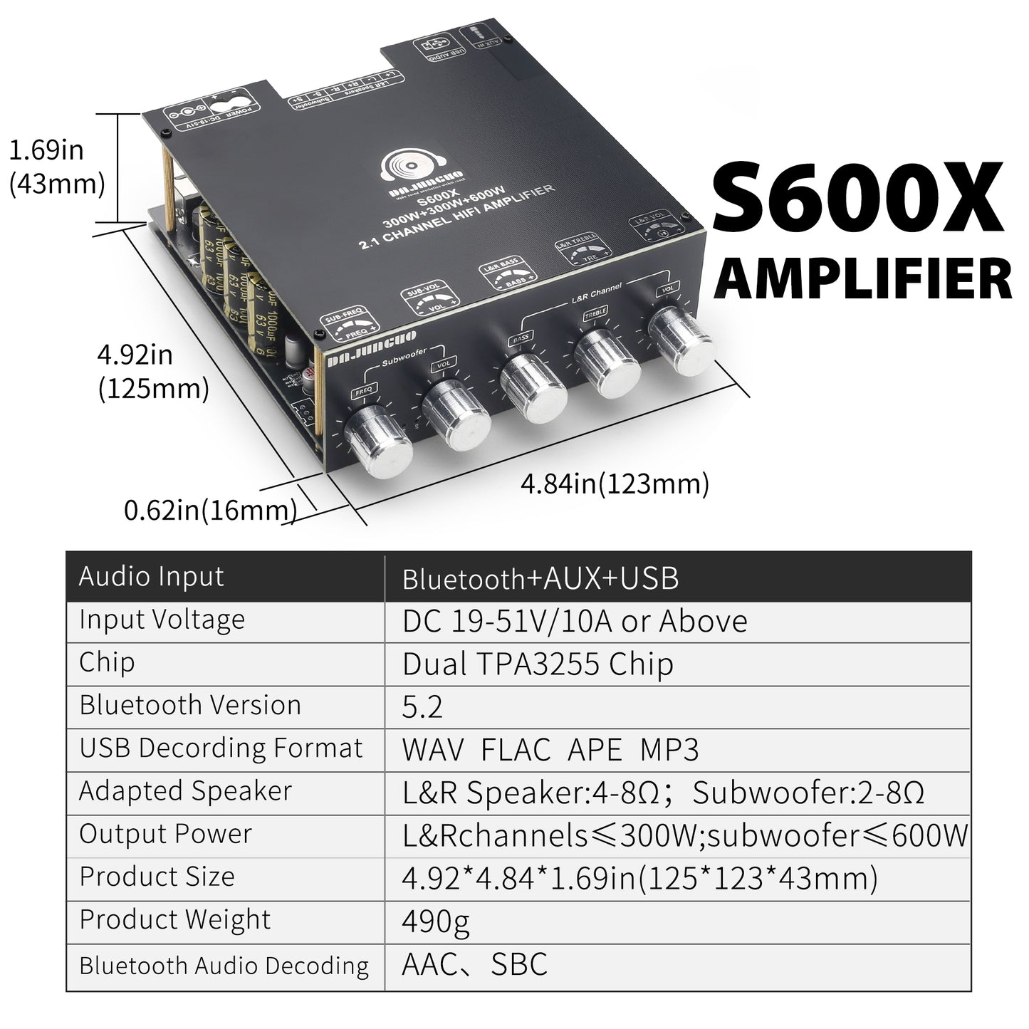 DAJUNGUO S600X 2.1 Channel Amplifier Board 300W+300W+600W Power Output,TPA3255 Chip,Bluetooth 5.2,Black