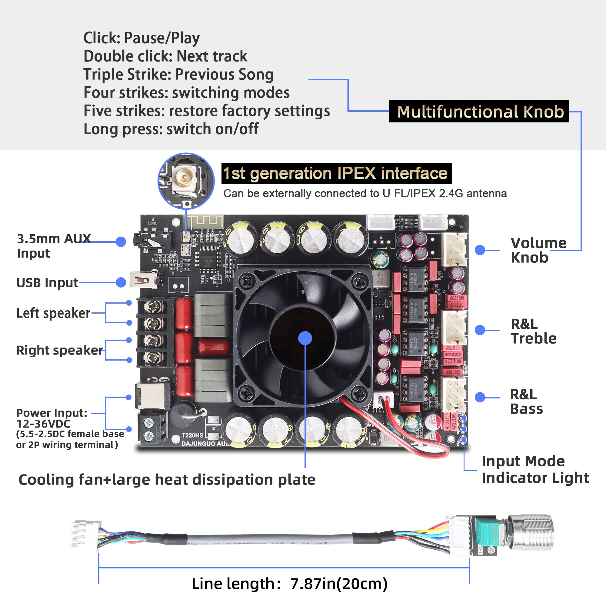 DAJUNGUO T220HS-W Power Amplifier Board 2.0 Channel 220W×2 with Treble and Bass, 12V-36V Audio Power Amplifier Module with Front Panel
