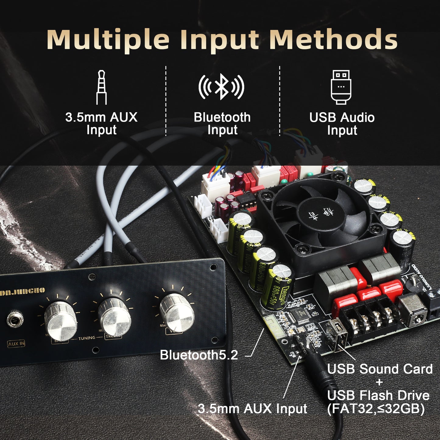 DAJUNGUO T220HS-W Power Amplifier Board 2.0 Channel 220W×2 with Treble and Bass, 12V-36V Audio Power Amplifier Module with Front Panel