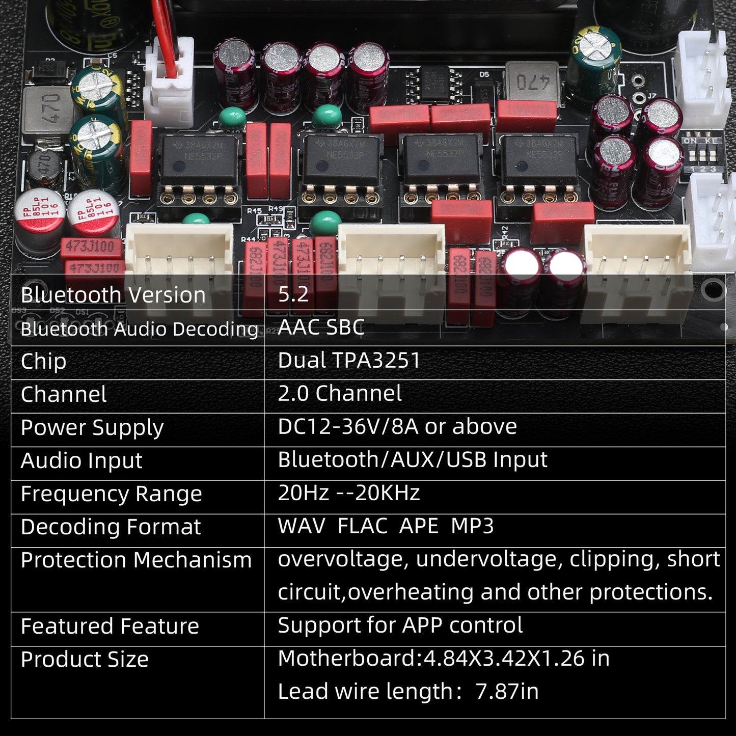 DAJUNGUO T220HS-W Power Amplifier Board 2.0 Channel 220W×2 with Treble and Bass, 12V-36V Audio Power Amplifier Module with Front Panel