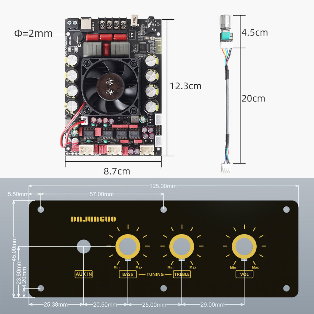 DAJUNGUO T220HS-W Power Amplifier Board 2.0 Channel 220W×2 with Treble and Bass, 12V-36V Audio Power Amplifier Module with Front Panel