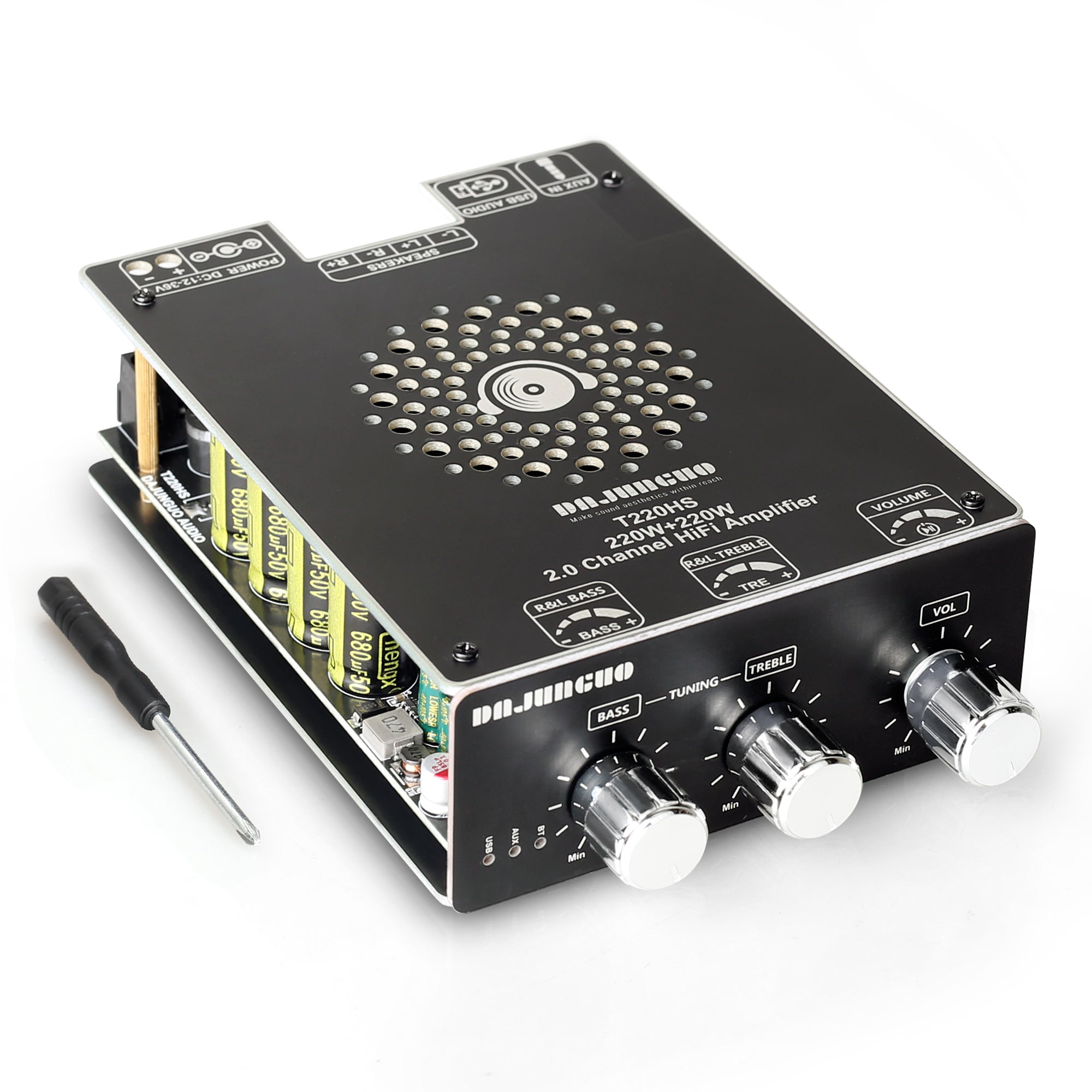 T220HS Power Amplifier Board with Subwoofer 2.0 Channel 220W×2, 12V-36V Audio Power Amplifier Module with Treble and Bass Control