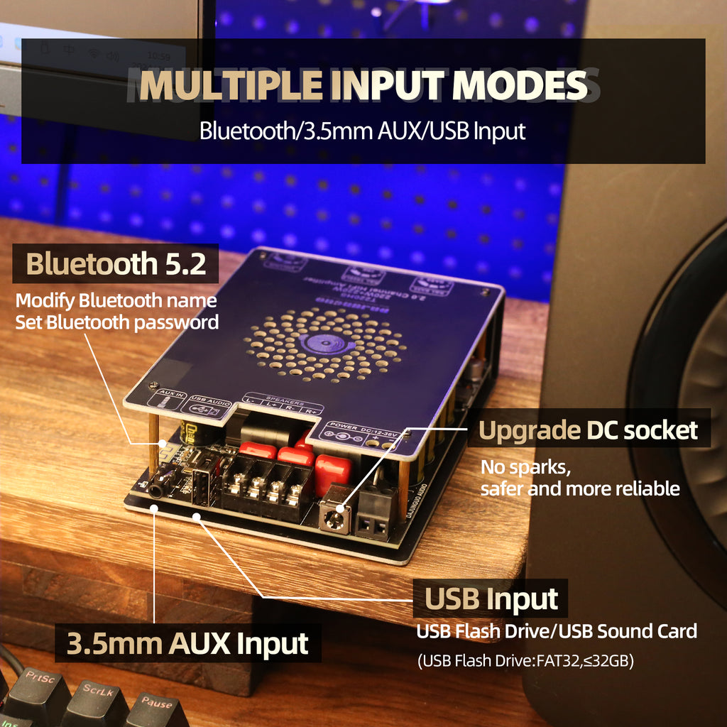 T220HS Power Amplifier Board with Subwoofer 2.0 Channel 220W×2, 12V-36V Audio Power Amplifier Module with Treble and Bass Control