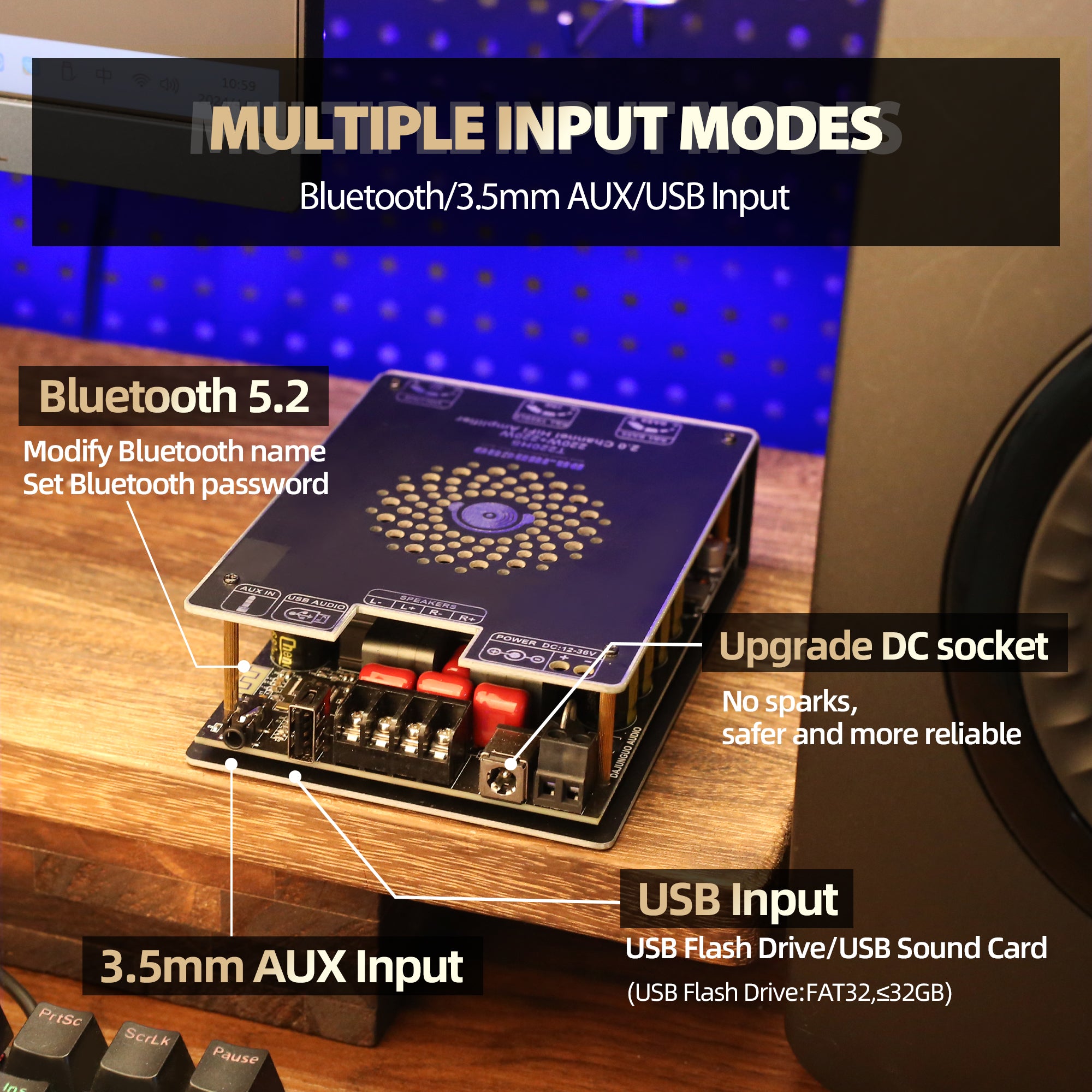 T220HS Power Amplifier Board with Subwoofer 2.0 Channel 220W×2, 12V-36V Audio Power Amplifier Module with Treble and Bass Control