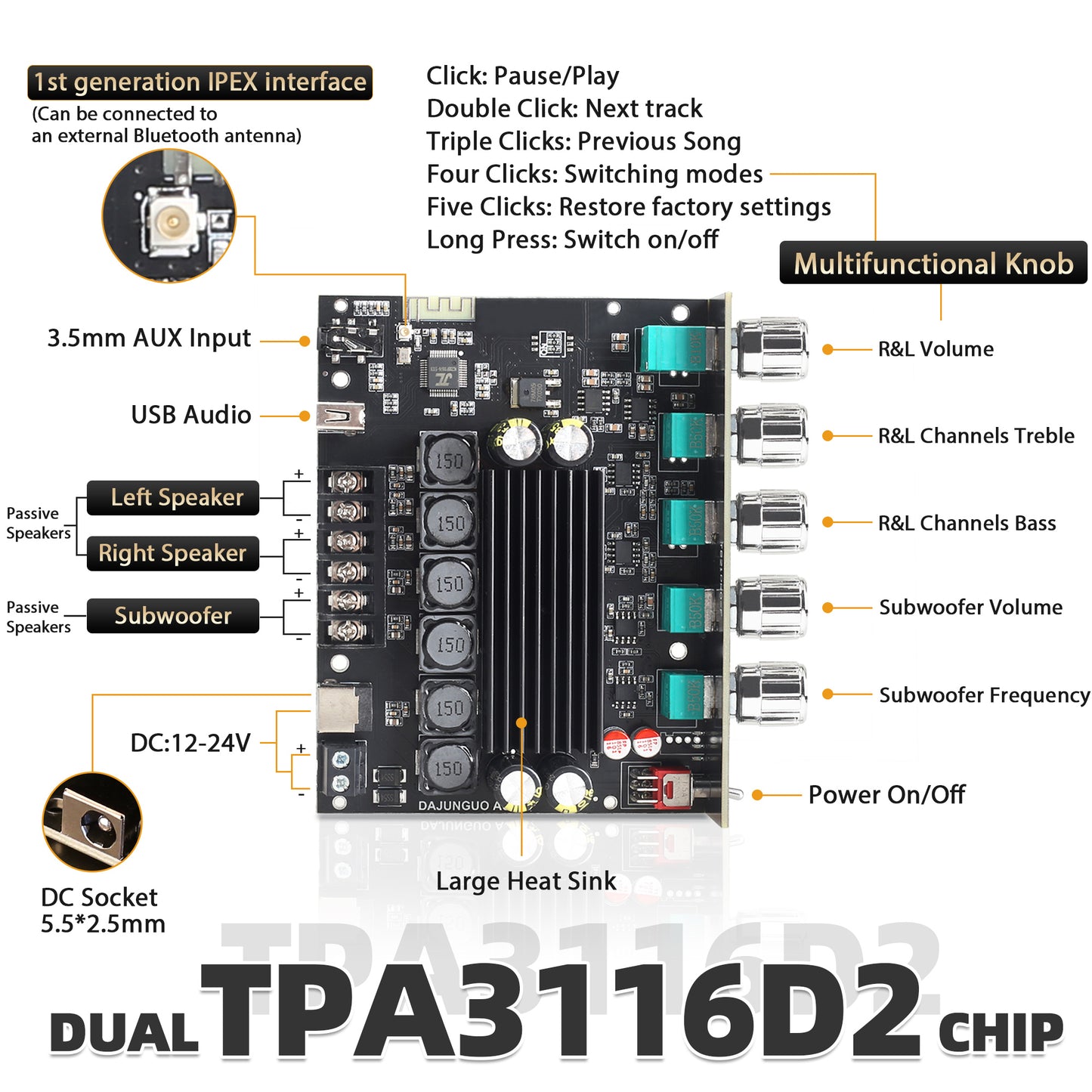 TB21 PRO TPA3116D2 Bluetooth Power Amplifier Board with Subwoofer 2.1 Channel 50W×2+100W, 12V-24V Audio Power Amplifier Module with Treble and Bass Control