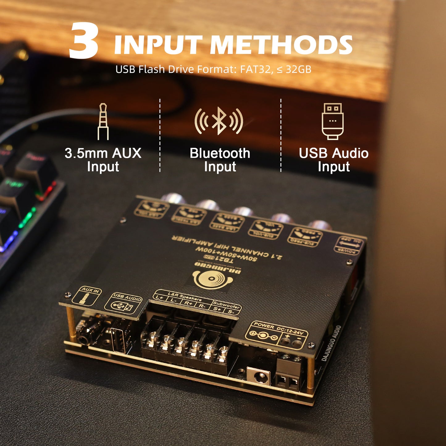 TB21 PRO TPA3116D2 Bluetooth Power Amplifier Board with Subwoofer 2.1 Channel 50W×2+100W, 12V-24V Audio Power Amplifier Module with Treble and Bass Control