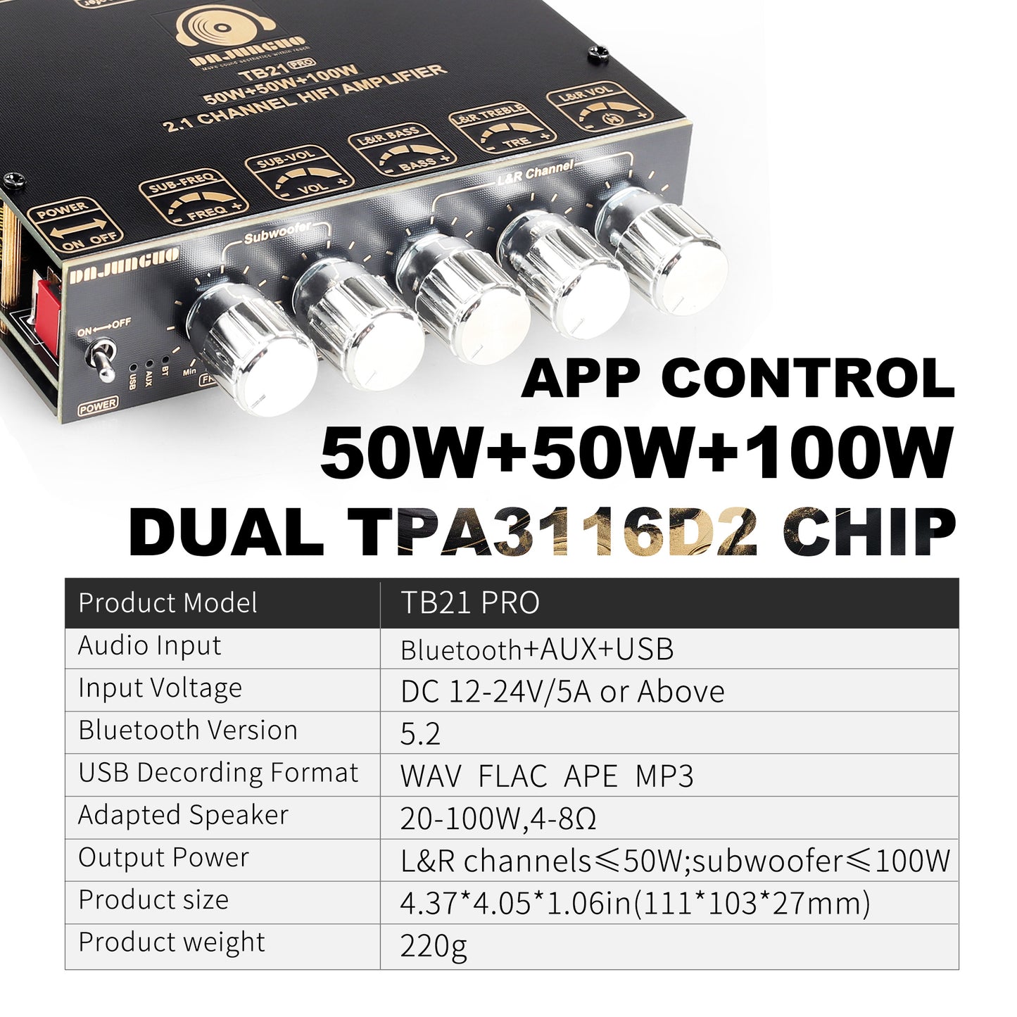 TB21 PRO TPA3116D2 Bluetooth Power Amplifier Board with Subwoofer 2.1 Channel 50W×2+100W, 12V-24V Audio Power Amplifier Module with Treble and Bass Control